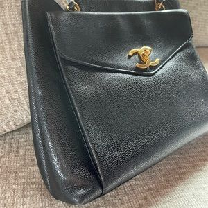 Vintage Chanel Black Caviar Front Envelope Pocket Tote